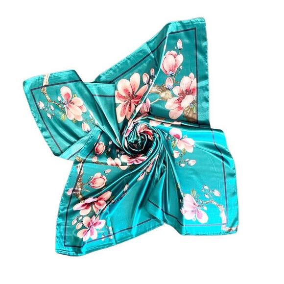 2/$24 NEW Teal Blue Aqua Floral Pink Flower Printed Silky Fashion Scarf - Picture 6 of 11